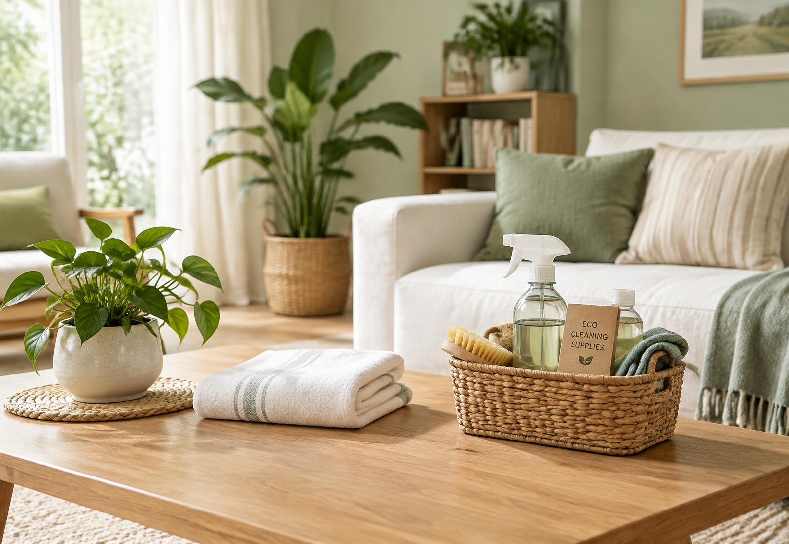 Bright, tidy living room with plants, a folded towel and a basket of cleaning supplies